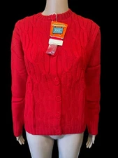 NWT Vintage Hand Loomed Women's Red Knit Cardigan Cable Knit Sweater Medium 38