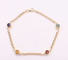 Multi Color Evil Eye Blue Red Yellow Luck Charm Bracelet Real 14K Yellow Gold