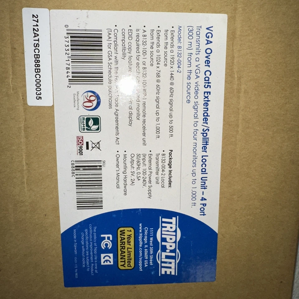 Tripp Lite B132-004-2 4-Port VGA over CAT5/CAT6 Extender Splitter new - Image 2 of 4