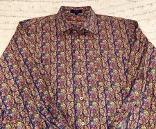 Alan Flusser Men XL Button Up Shirt Blue Paisley Floral Long Sleeve Cotton Bold