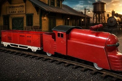 Vintage MARX  Pressed Steel 3000 Streamline Train Locomotive / W&LE Freight Car
