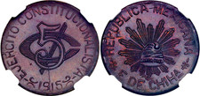 COIN Mexico Chihuahua 5 Centavos 1915 NGC MS64 BN KM# 613 Copper UNC Toning