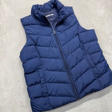 Lands' End Womens L 14-16 Navy Blue Goose Down Puffer Vest Chevron Quilted Zip