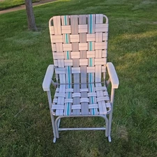 Vintage Aluminum Lawn Chair Folding Rocker Webbed Seat White/Gray/Teal