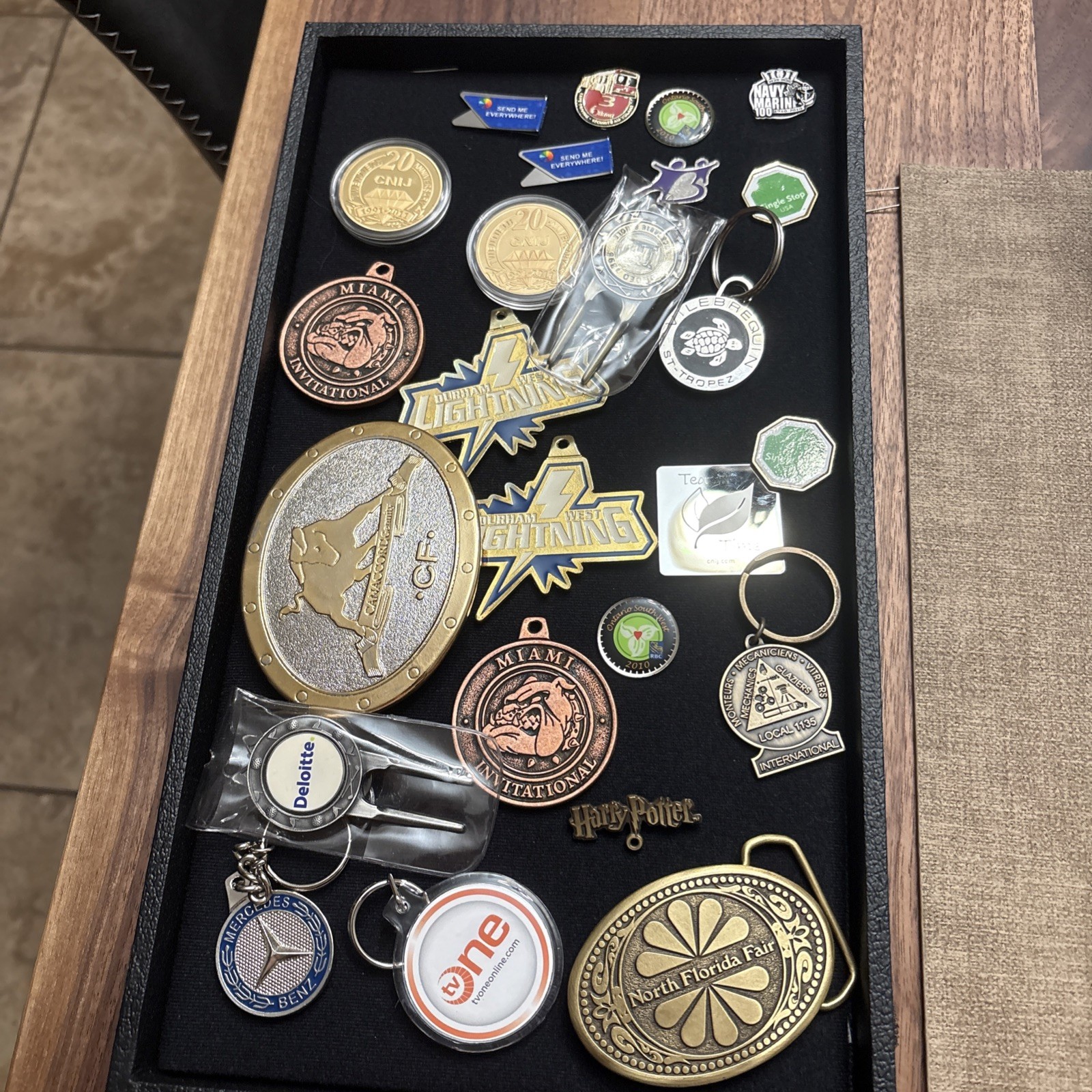 Lot Of Vintage Key Chains, Medals, Pins, Clips, Belt Buckles, Divot tools