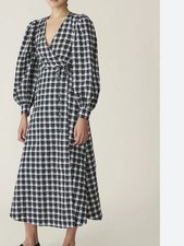 Ganni Gingham Cotton-Blend Seersucker Maxi Wrap Dress Size 40