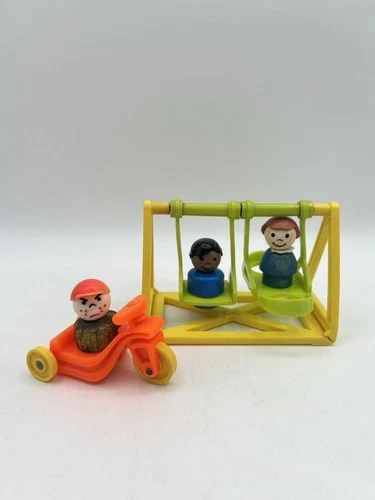 VTG Fisher Price 3 Little People Yellow & Green Swing set / Orange Tricycle