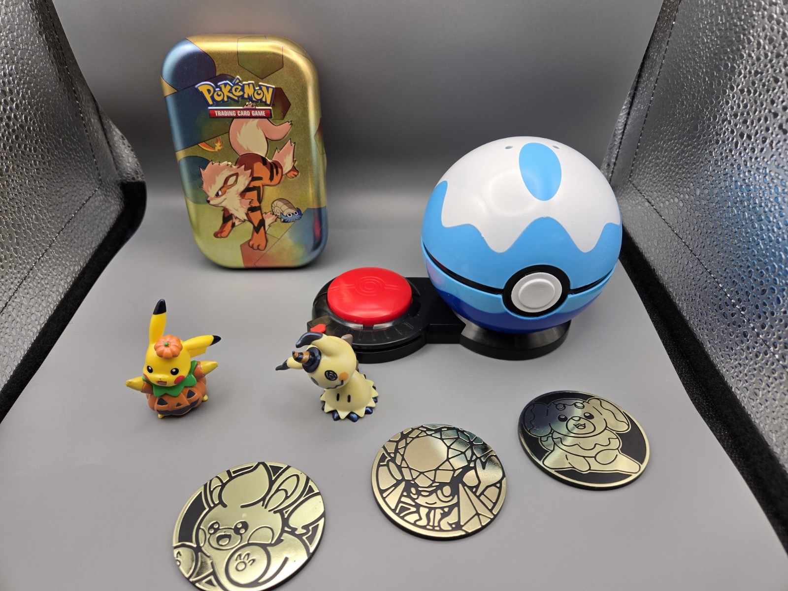 Lot (2 Mini Figure, Coins, Pokeball, And Tin(no Cards)
