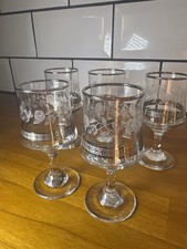 Vintage Stemmed Glasses x5 Etched Floral Rose Pattern Silver-Tone Band & Rim