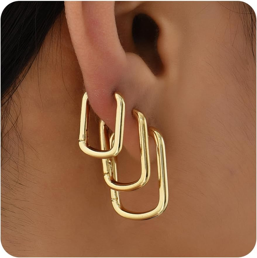 3-Piece 14K Gold Plated Chunky Square Hoop Earrings Set - Lightweight & Hypoallergenic-image