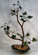 Jade / Hardstone Bonsai Tree Stone Leaves  Pot Mother of Pearl Flowers