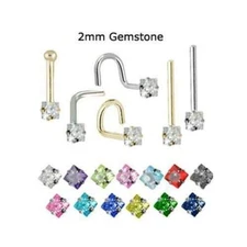 14K White Yellow Gold Nose Ring Stud Screw L Bend Bone 2mm Square CZ 20G 18G 22G