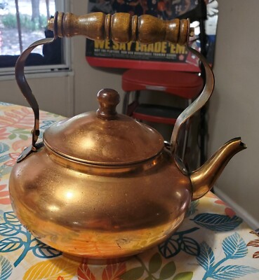 Vintage Tea Kettle, Tea Pot Copper with Wood Handle and Knob