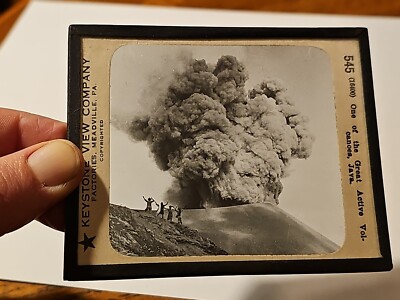 Magic Lantern Slide KEYSTONE 545 VOLCANO IN ERUPTION JAVA w/ INFO CARD
