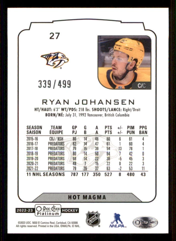 2022-23 O-Pee-Chee Platinum Hot Magma #27 Ryan Johansen /499 - Image 2 of 2