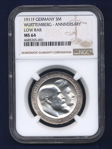 GERMANY WURTTEMBERG WILHELM II 1911-F  3 MARK SILVER COIN, NGC CERTIFIED MS64