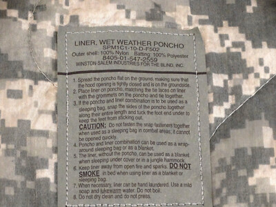 US Army ACU Wet Weather Poncho Liner 