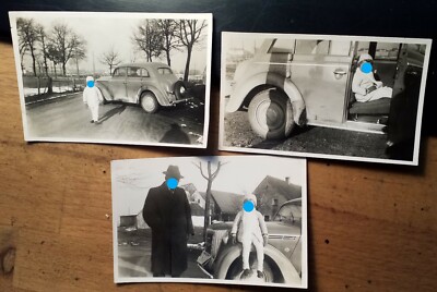 Mann mit Hut & kleines Kind mit Auto Oldtimer / 3x Foto