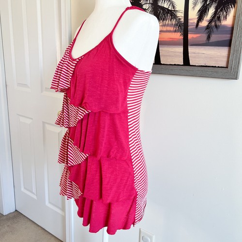 Women’s Kirra Tank | Spaghetti Strap | Pink & White Stripe | Ruffles | Medium - Picture 4 of 11