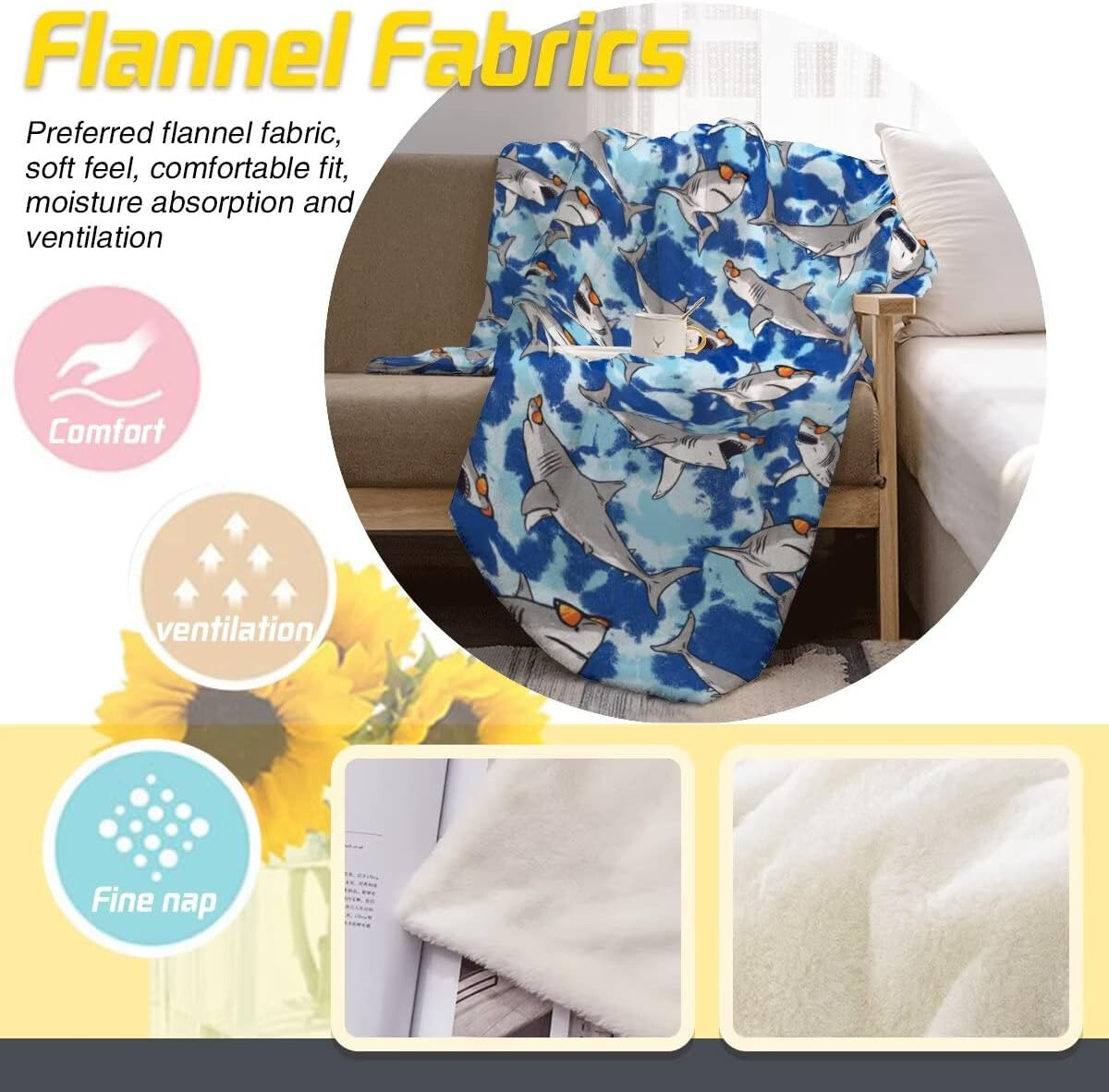 Sharks and Tie Dye Throw Blanket Soft Cozy Blanket Lightweight Flannel Blankets for Couch Bed Living Room Adults Kids Teens Gifts All Season 60