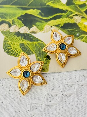 Lanvin Vintage Large Sapphire Sparkling Clear Crystal Tear Drop Flower Earrings