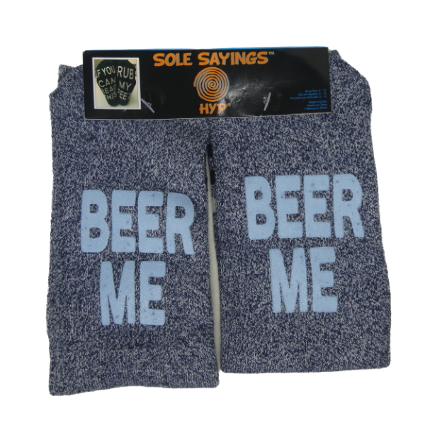 SAOLA Calze uomo nuove HYP suola Sayings Beer Me Heather blu grigio taglia 6 12 Crew