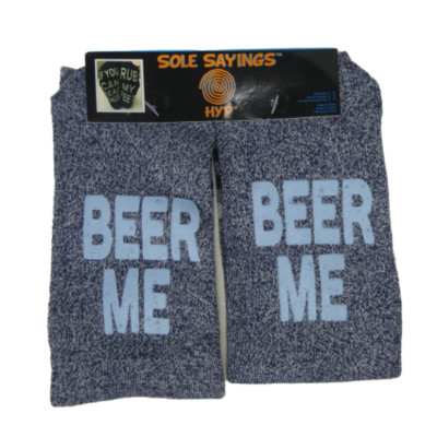 New HYP Men's Sole Sayings Beer Me Heather Blue Gray Size 6-12 Crew Socks 