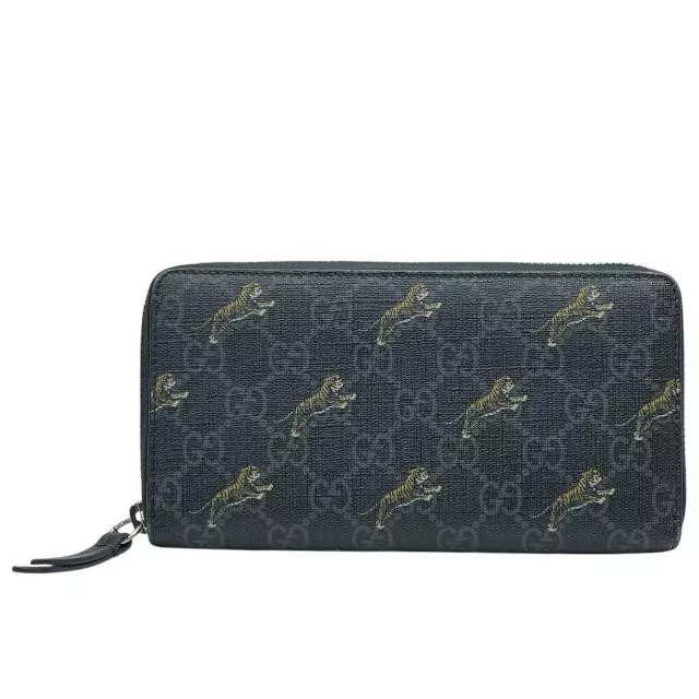 Portefeuille long zippé GUCCI GG Supreme Tiger autour du cuir noir 575135 authentique