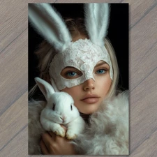 Art Print Elegant Woman Lace Bunny Mask White Rabbit Fantasy Enchanting Lady