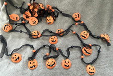 Halloween Pumpkins Jack-O-Lanterns on Black Ribbon w/ Beads Garland 10 ft.