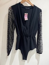 Boohoo Tall Top Size 10 New Black Dobby Mesh Long Sleeve Body Suit Party Sexy