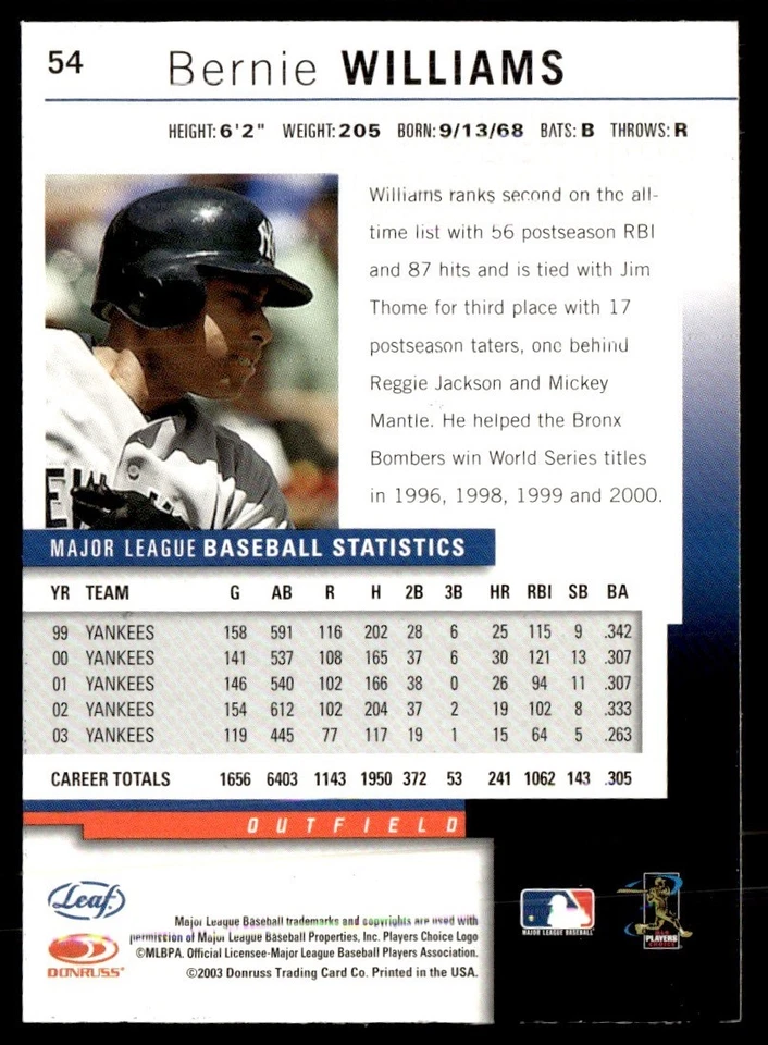 2003 Donruss Studio Bernie Williams New York Yankees #54 - Image 2 of 2