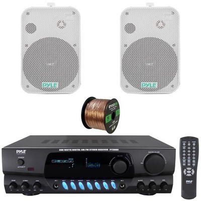 Pyle Stereo Radio Display Receiver, 2x 6.5'' 500W Indoor/Outdoor Speakers, Wire