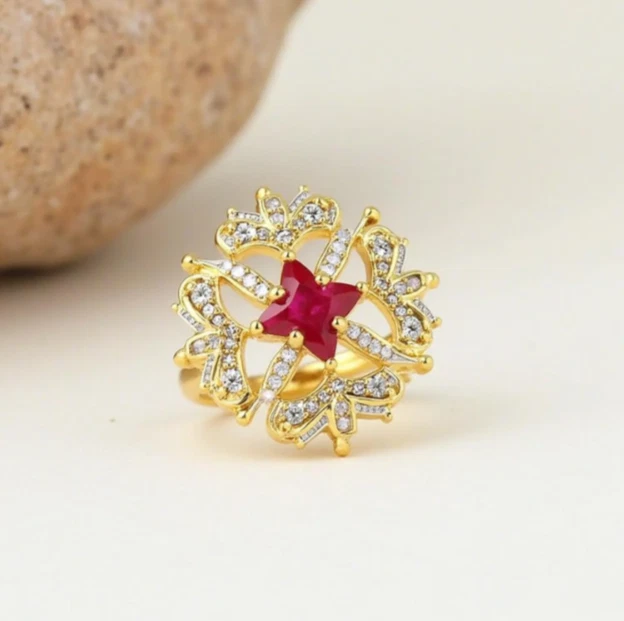 Dainty Ruby with Moissanite Ring 18k Gold Plated Unique Design Christmas Gift - Image 4 of 4