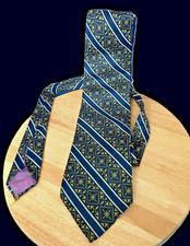 Vintage Silk Necktie Muse's Atlanta Hand Sewn Made In USA Blue Gold Diamond 70s