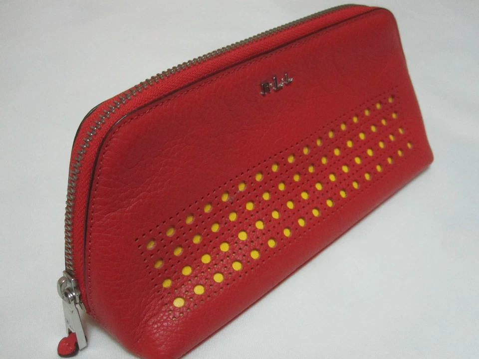 Lauren Ralph Lauren Leighton Cosmetic Makeup Bag | Red Leather Zip Pouch - Image 4 of 4