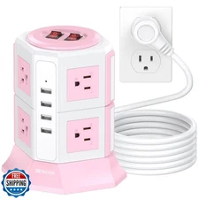 Pink Tower Power Strip with Surge Protection | HITRENDS 8 AC Outlets + 4 USB 