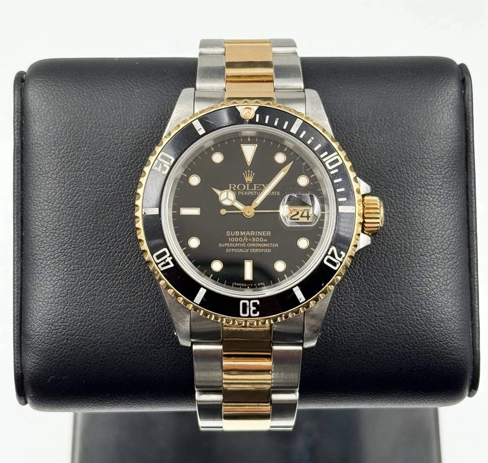 劳力士男士 Submariner Date 18k 黄金不锈钢手表黑色 Sub 16613 — 第 3/4 张图片