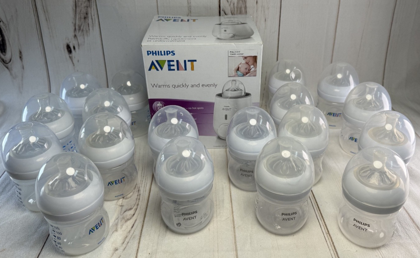 Avent Baby Bottle LOT 18 Natural Response 4oz + New Warmer  