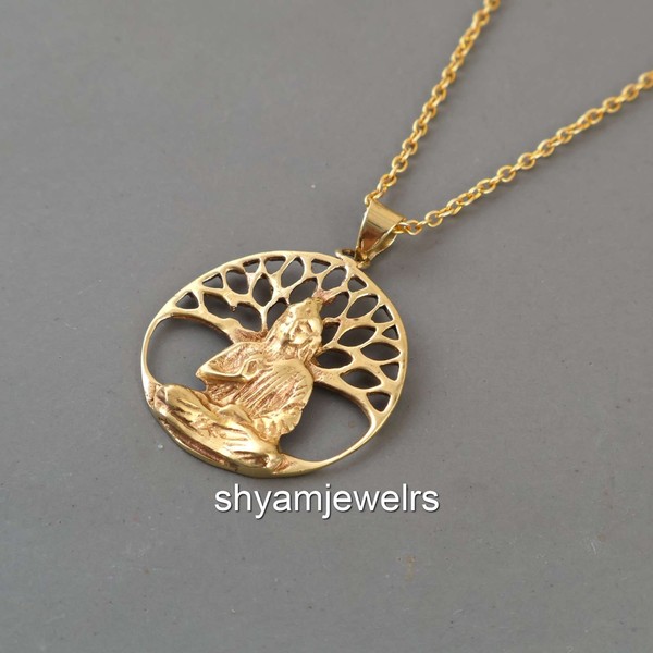 Alternate view of Buddha Bodhi Tree Pendant Necklace Gold Plated Spiritual Yoga Jewelry Gift