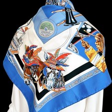 VTG HERMES Carre 90 Silk Scarf "Original New Orleans Creole Jazz" Blue 35" Used