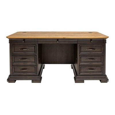 Executive Credenza Desk Writing Table With Solid Wood Plank Top Brown