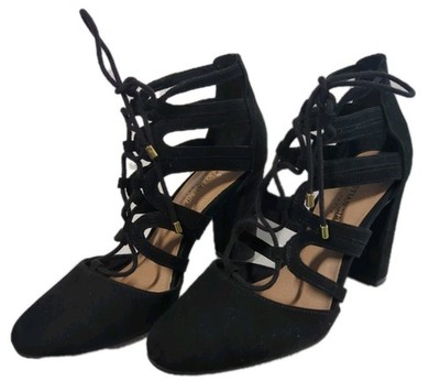 Christian Siriano Black Suede Lace-Up Block Heel Sandals Size 6 Strappy Caged