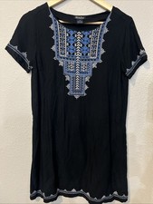 Lucky Brand BLACK W/ Embroidered Bohemian Short Sleeve Tunic Shirt /Dress SMALL