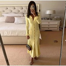 Single Breasted Long Dress Women Slim Lapel Flare Sleeve Pockets Female Dress