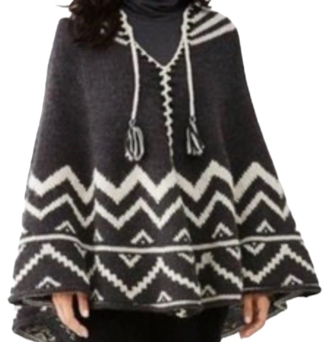 J. Jill Black & White Knit Poncho V-neck w/ Tassel Ties & Geometric Patterns NWT