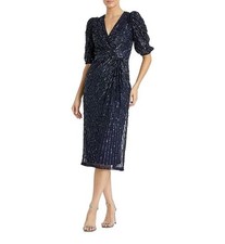 Mac Duggal Sequin V-Neck Short Puff Sleeve Midi Dress Size 6 MSRP 498 NWT