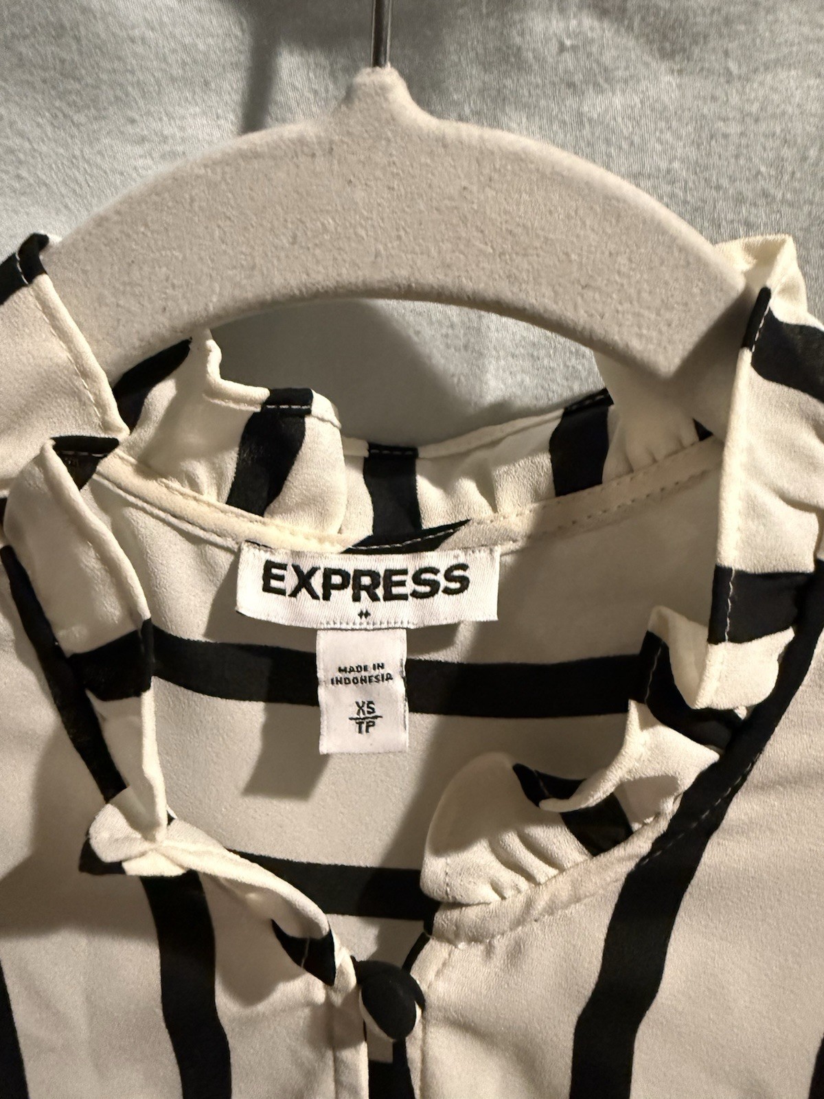 Express Striped Ruffle Neck Button Front Satin Bl… - image 6