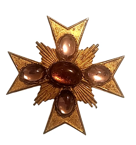 Miriam Haskell Gold Tone Purple Cabochon Maltese Cross Brooch Pin Signed Vintage
