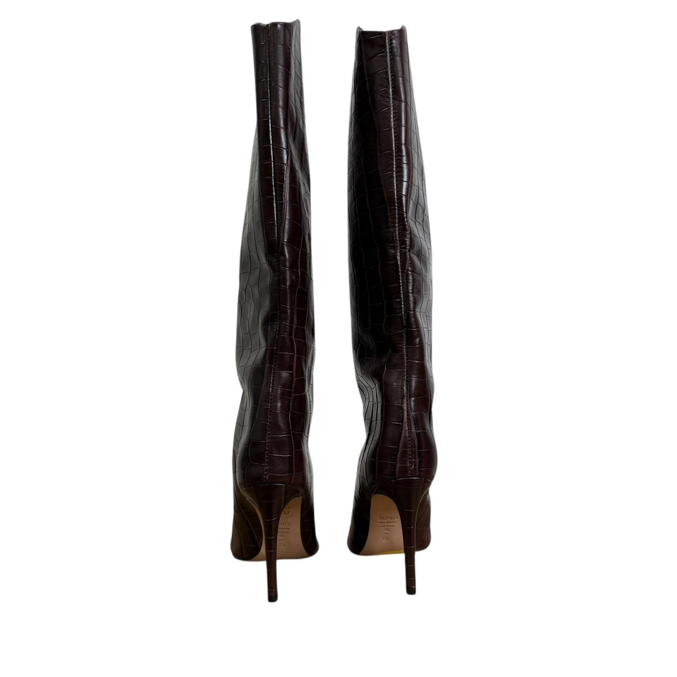 Botas hasta la rodilla Schutz Maryana marrón cocodrilo cuero en relieve punta aguja EE. UU. 7 Foto 4 de 4